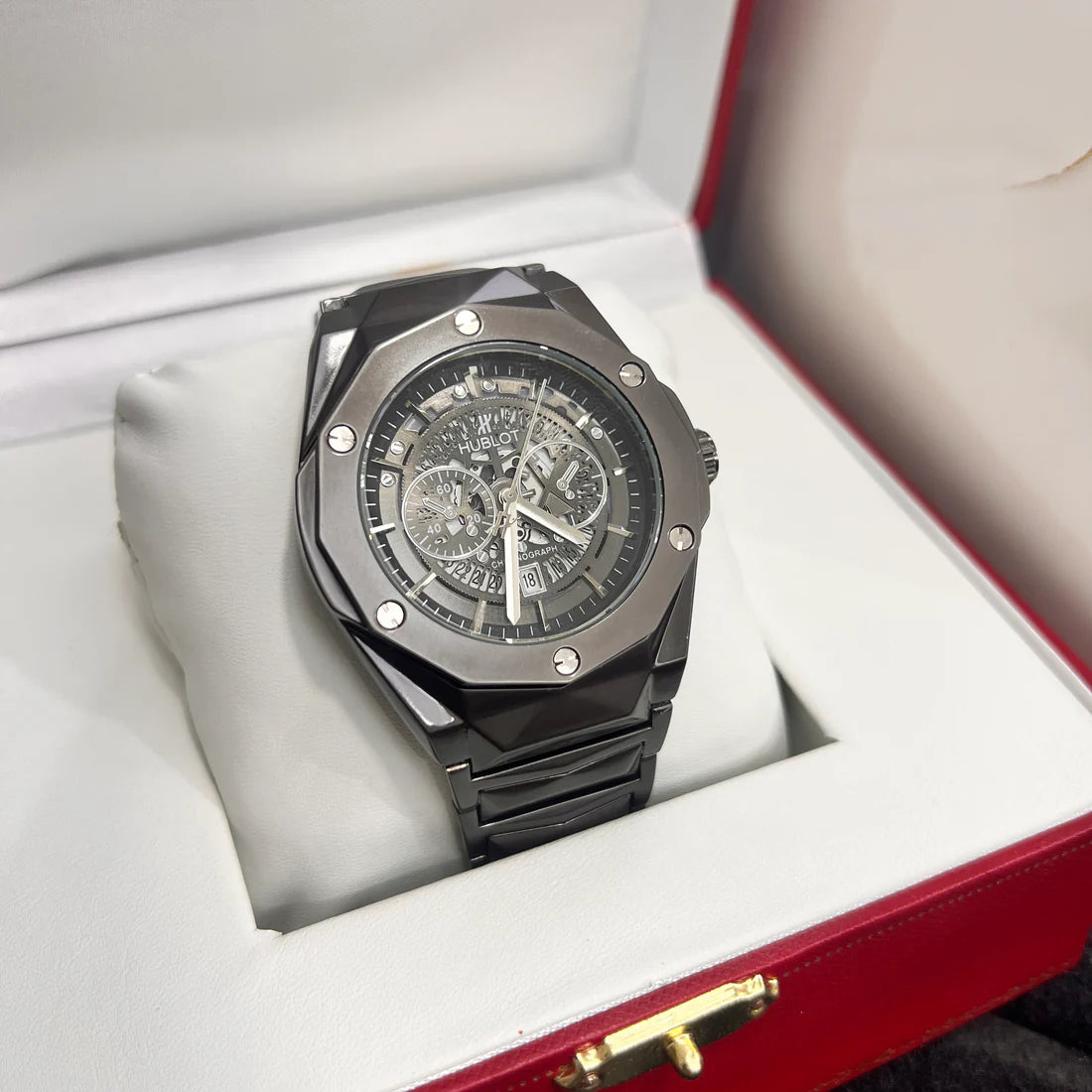 Hublot Inspired Luxury Men’s Chronograph Watch – Black Steel Edition