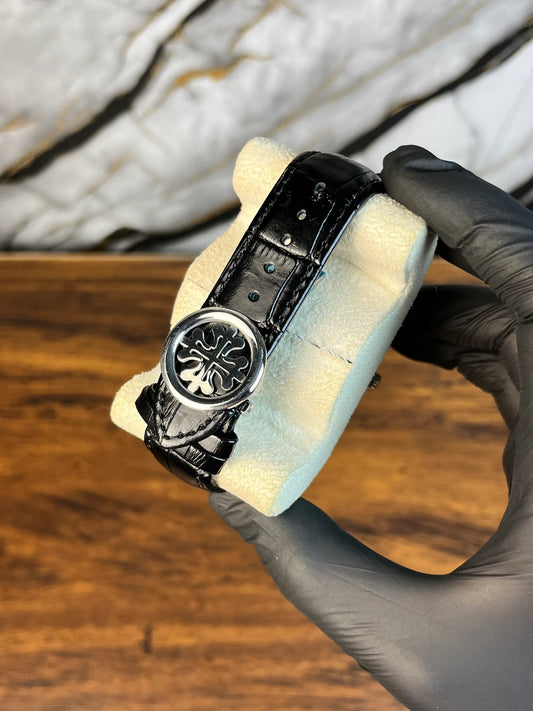 Patek Style Black Leather Strap Men’s Luxury Watch – Classic Quartz Wristwatch