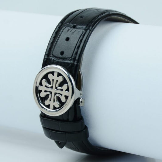 "Luxury Patek Philippe Nautilus Two-Tone Gold & Silver Watch – Black Dial with Leather Strap"