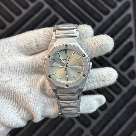 Luxury Silver Stainless Steel Men’s Watch – Modern Octagonal Design