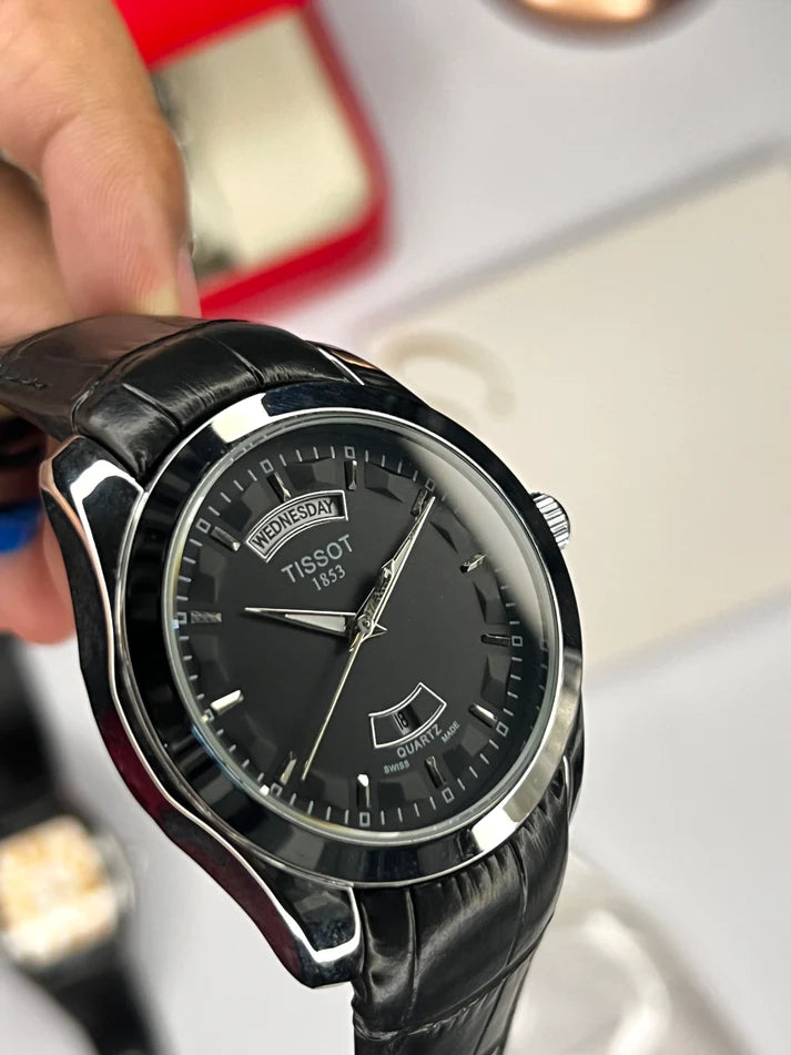 Elegant Black Leather Strap Men’s Watch – Classic Day & Date Dial