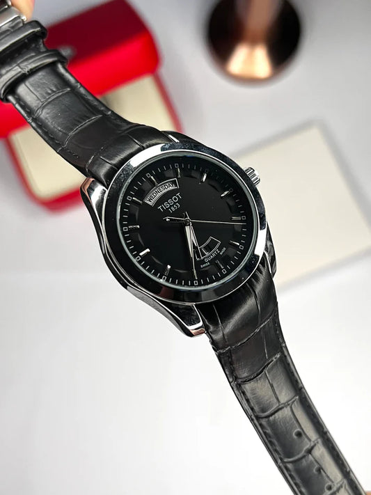 Elegant Black Leather Strap Men’s Watch – Classic Day & Date Dial