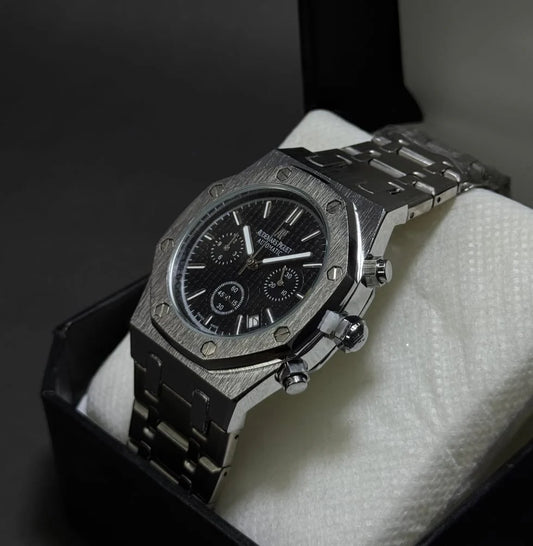 Luxury Stainless Steel Chronograph Watch for Men – Elegant Silver & Black Dial | Gift for Him
