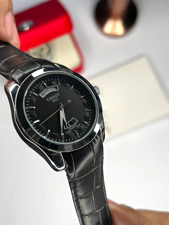 Elegant Black Leather Strap Men’s Watch – Classic Day & Date Dial