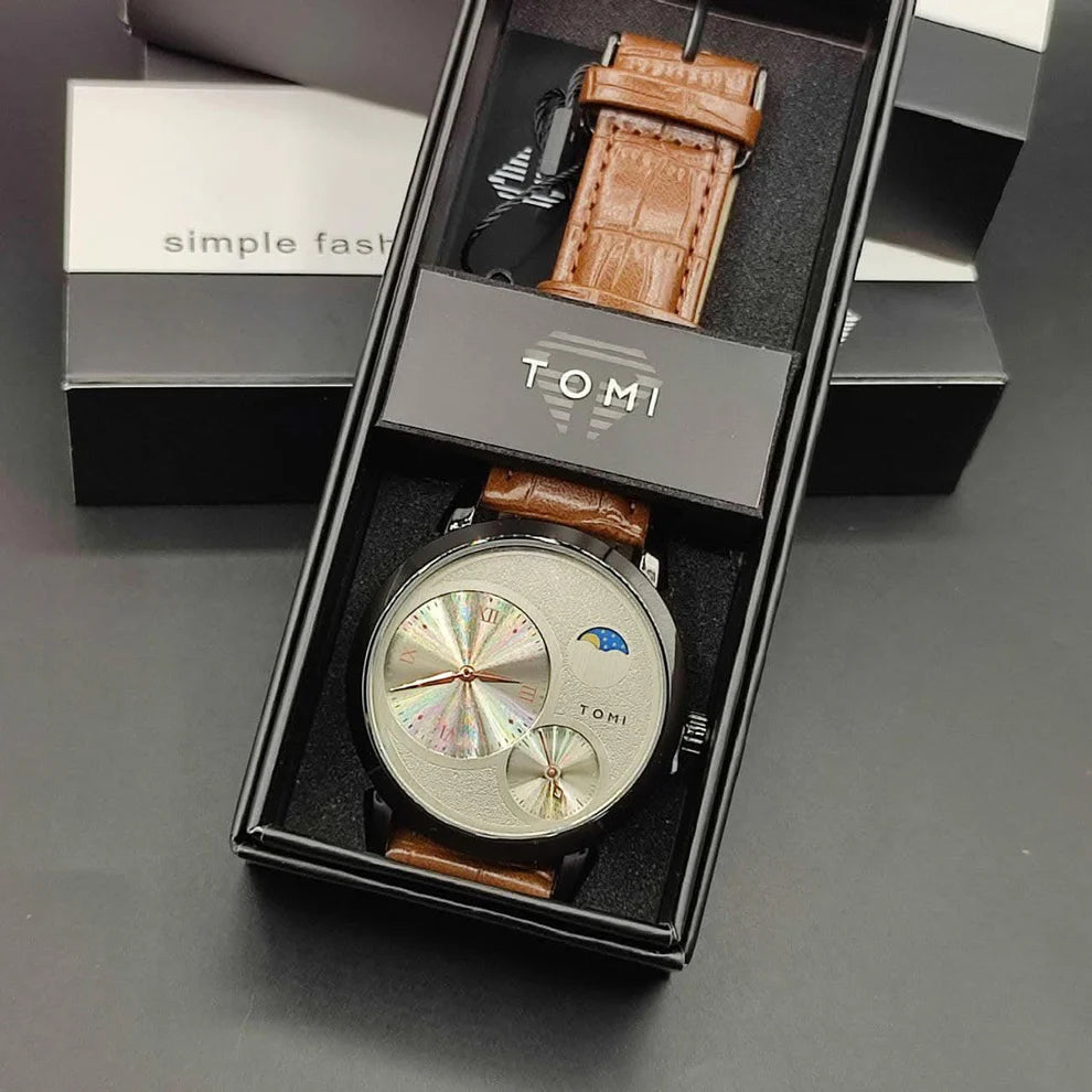 TOMI Dual Dial Men’s Luxury Analog Watch – Brown Leather Strap
