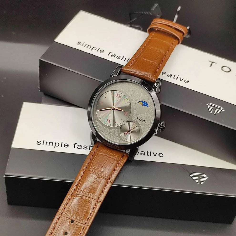 TOMI Dual Dial Men’s Luxury Analog Watch – Brown Leather Strap
