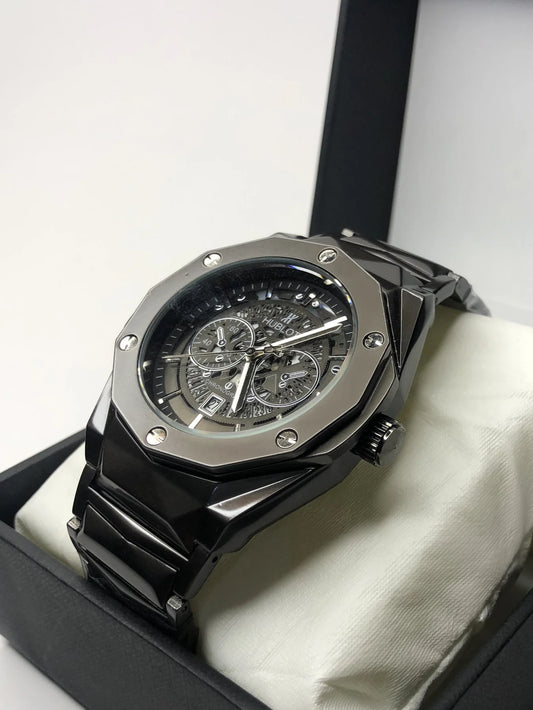 Hublot Inspired Luxury Men’s Chronograph Watch – Black Steel Edition