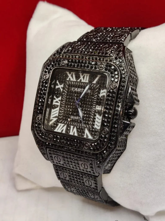 Luxury Cartier-Style Iced Out Square Dial Quartz Watch – Full Rhinestone Black & Gold Edition