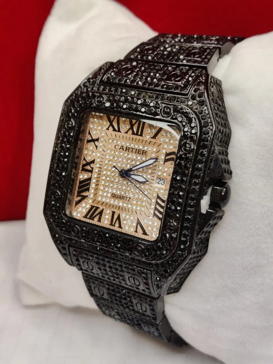 Luxury Cartier-Style Iced Out Square Dial Quartz Watch – Full Rhinestone Black & Gold Edition