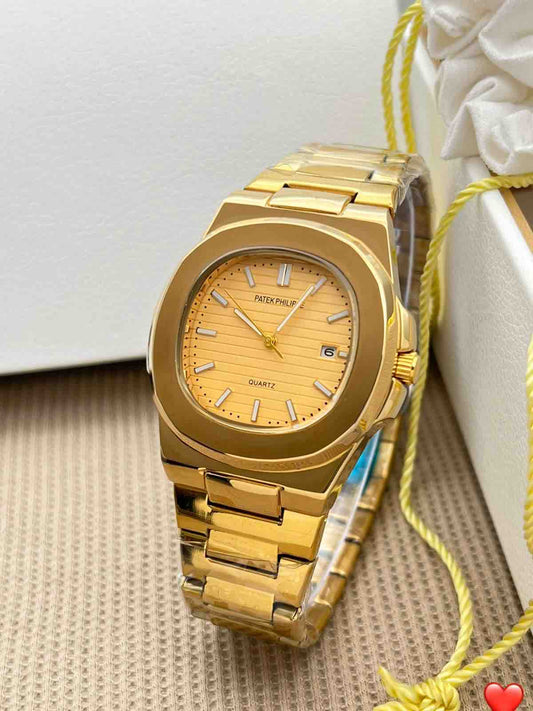 Luxury Patek Philippe Inspired Gold Quartz Men’s Watch – Elegant Stainless Steel Wristwatch with Date Display