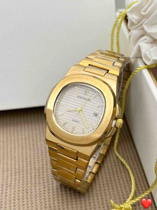 Luxury Patek Philippe Inspired Gold Quartz Men’s Watch – Elegant Stainless Steel Wristwatch with Date Display