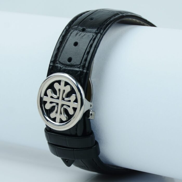 "Luxury Patek Philippe Nautilus Two-Tone Gold & Silver Watch – Black Dial with Leather Strap"