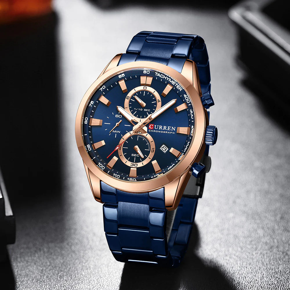 CURREN Luxury Chronograph Men’s Watch – Blue & Rose Gold Stainless Steel Sport Wristwatch with Date Display