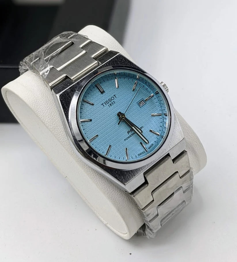Tissot Style Men’s Luxury Watch – Silver Chain with Sky Blue Dial