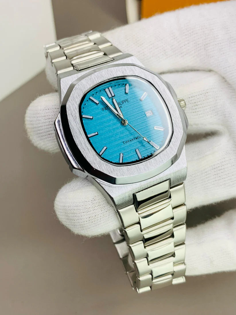 Patek Philippe Inspired Luxury Men's Wristwatch – Silver Chain & Turquoise Dial