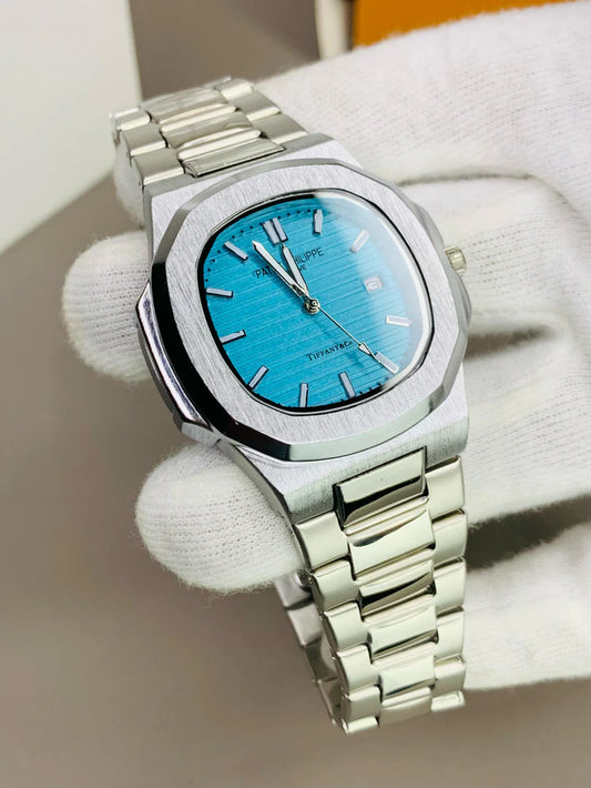 Patek Philippe Inspired Luxury Men's Wristwatch – Silver Chain & Turquoise Dial