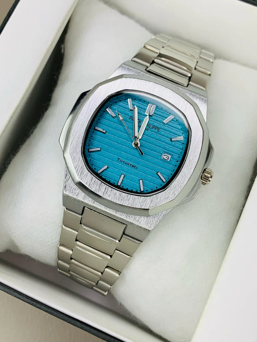 Patek Philippe Inspired Luxury Men's Wristwatch – Silver Chain & Turquoise Dial
