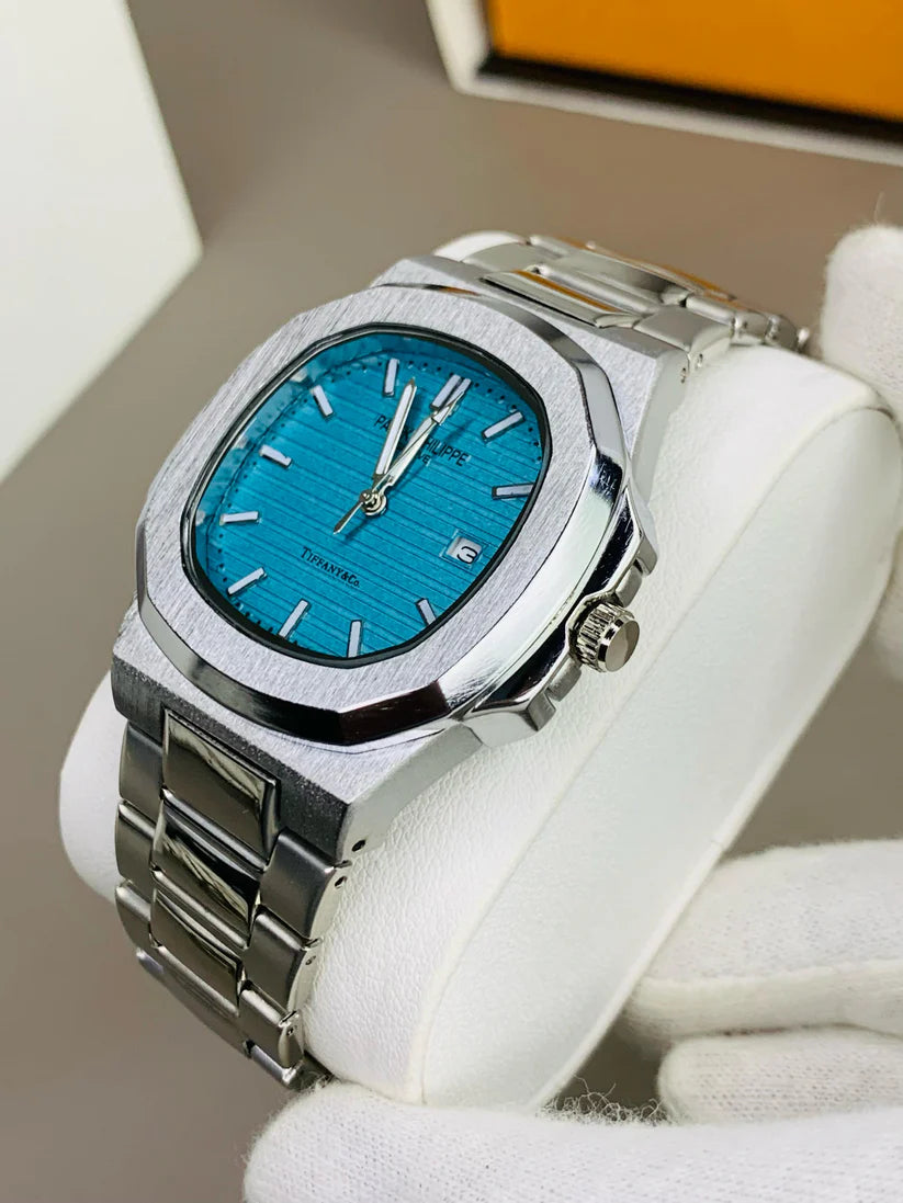 Patek Philippe Inspired Luxury Men's Wristwatch – Silver Chain & Turquoise Dial