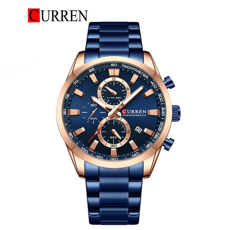 CURREN Luxury Chronograph Men’s Watch – Blue & Rose Gold Stainless Steel Sport Wristwatch with Date Display