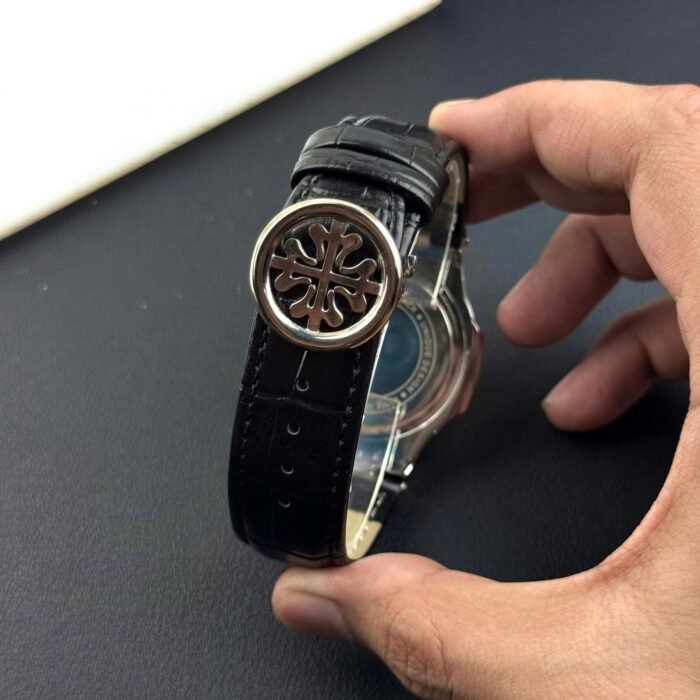 "Luxury Patek Philippe Nautilus Two-Tone Gold & Silver Watch – Black Dial with Leather Strap"