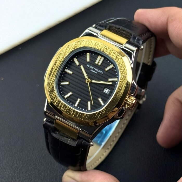 "Luxury Patek Philippe Nautilus Two-Tone Gold & Silver Watch – Black Dial with Leather Strap"