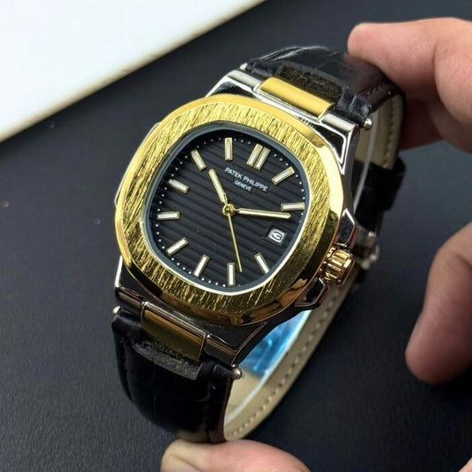 "Luxury Patek Philippe Nautilus Two-Tone Gold & Silver Watch – Black Dial with Leather Strap"