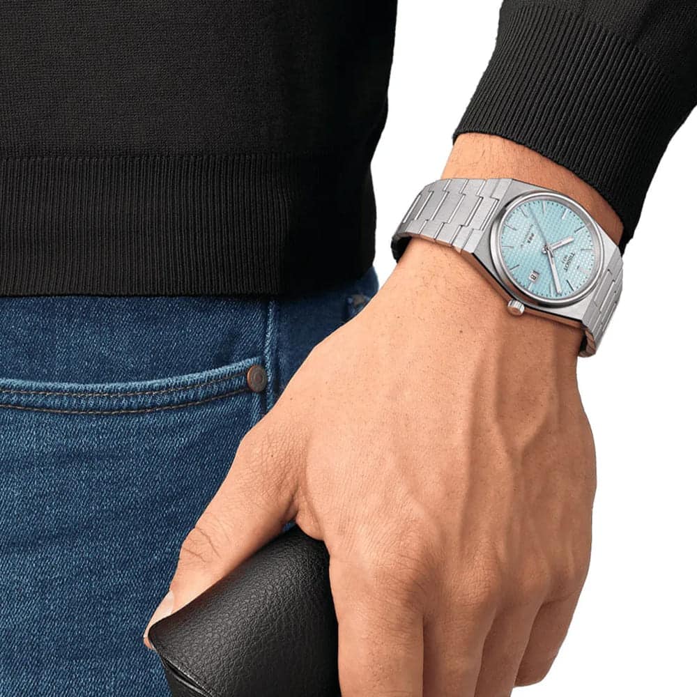 Tissot Style Men’s Luxury Watch – Silver Chain with Sky Blue Dial